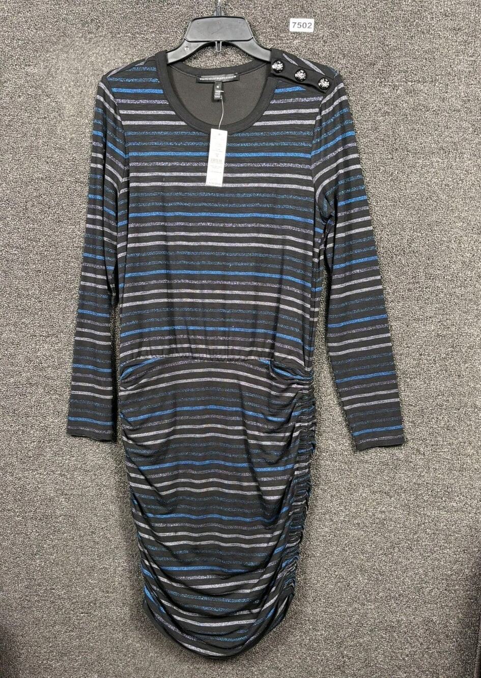 White House Black Market Dress Womens Medium Black Striped Ruched Mini Bodycon